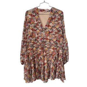 Entro Mini Dress Size Large Floral V Neck Long Sleeve Multicolor Peasant Bohemia